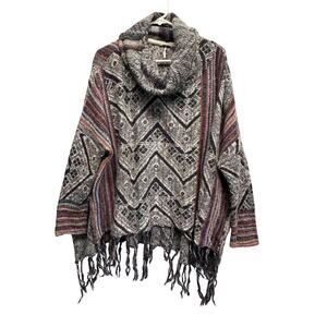 Free People Boho Fringe Cowl Neck Poncho Sweater Multicolor Wool Blend M